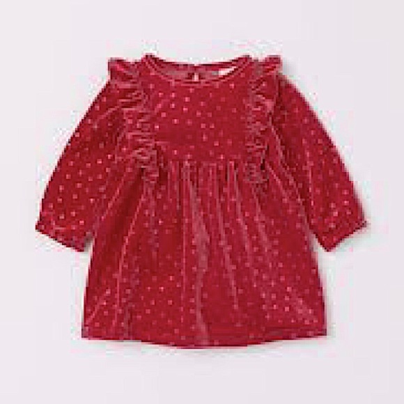 Cat & Jack Baby Velvet Red Dress with Silver Polka Dots - Picture 2 of 9